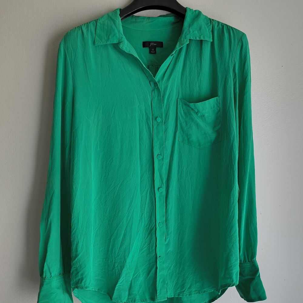 J.Crew Green Silk Button-Up Shirt